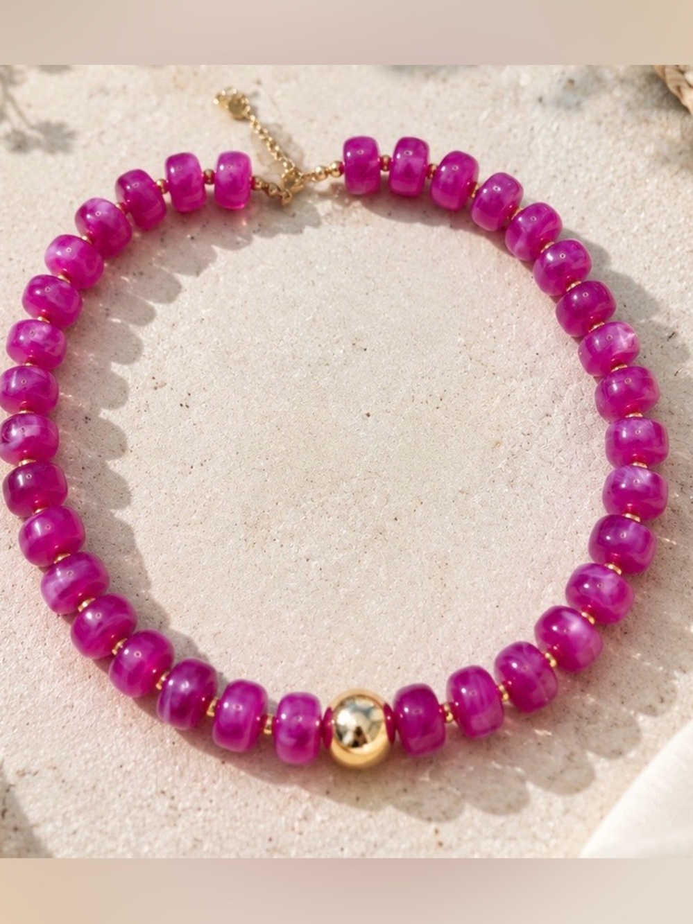 Hot Pink Beaded Necklace with Gold Accent - Picture 5 of 5